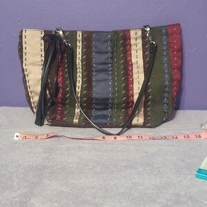 BCBGirls Red and Green Shoulder Bag with Striking Stripes